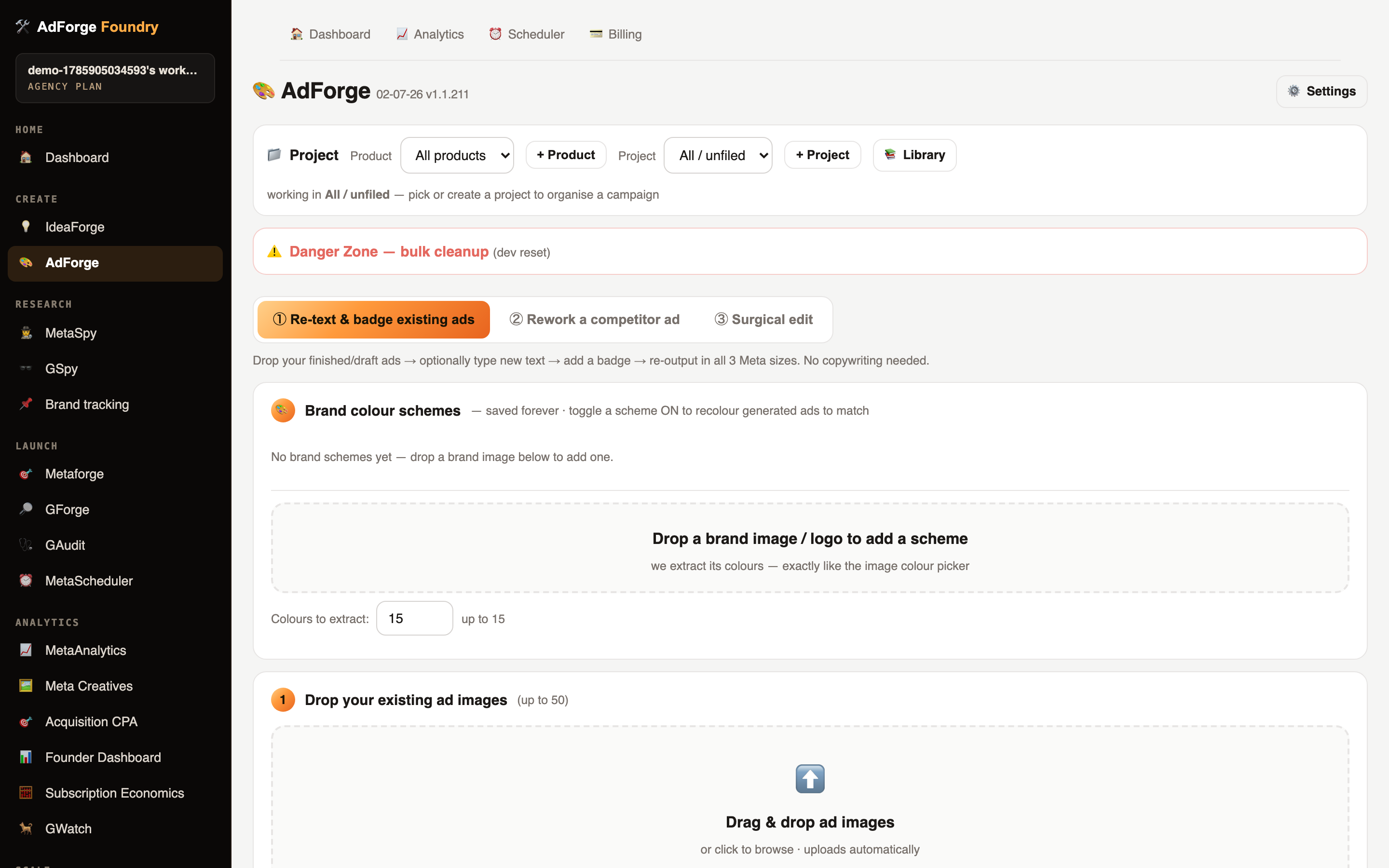 AdForge — one product rendered as finished, scored ads in every Meta placement