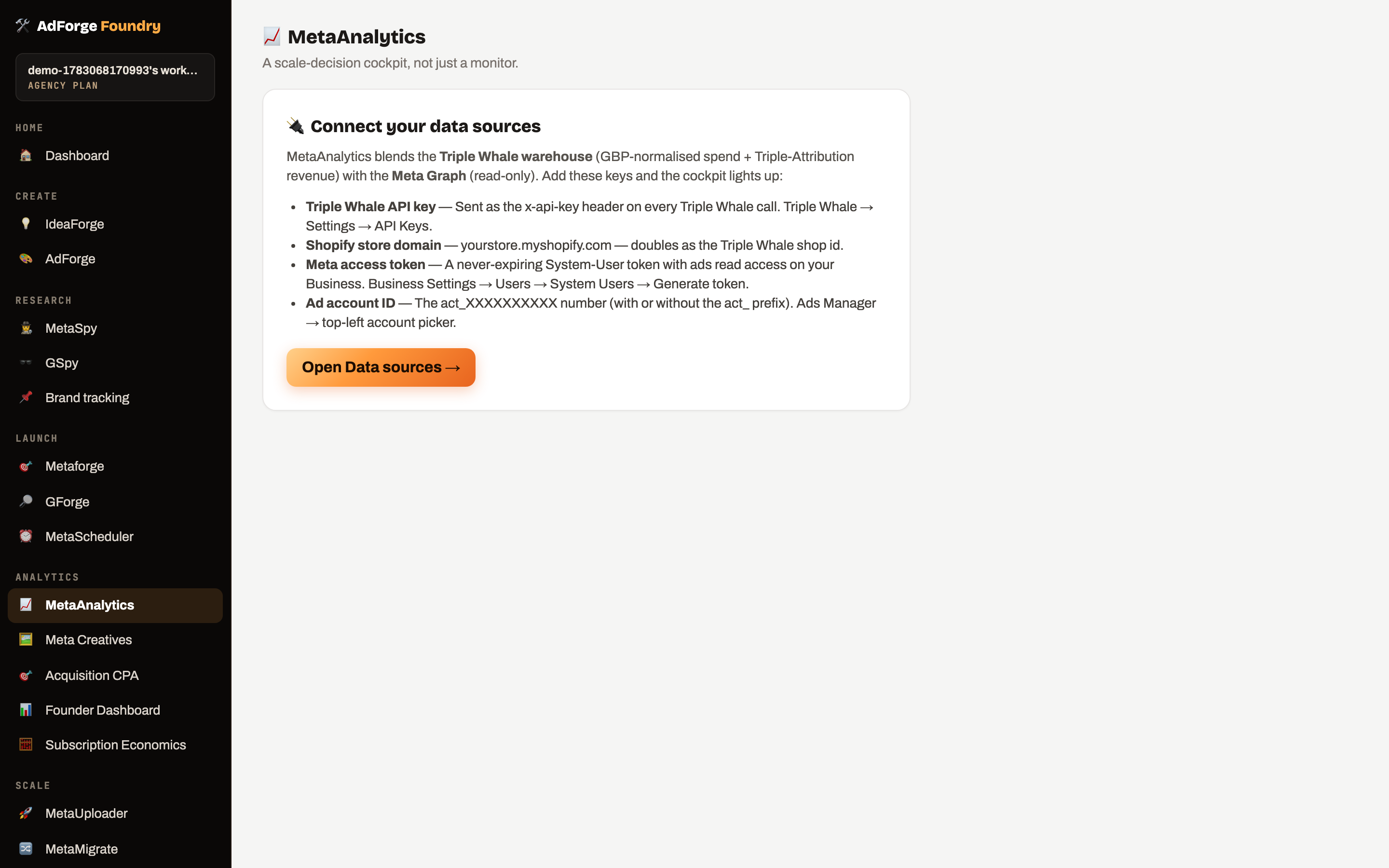MetaAnalytics — Attribution-true analytics & creative verdicts (real product screenshot)