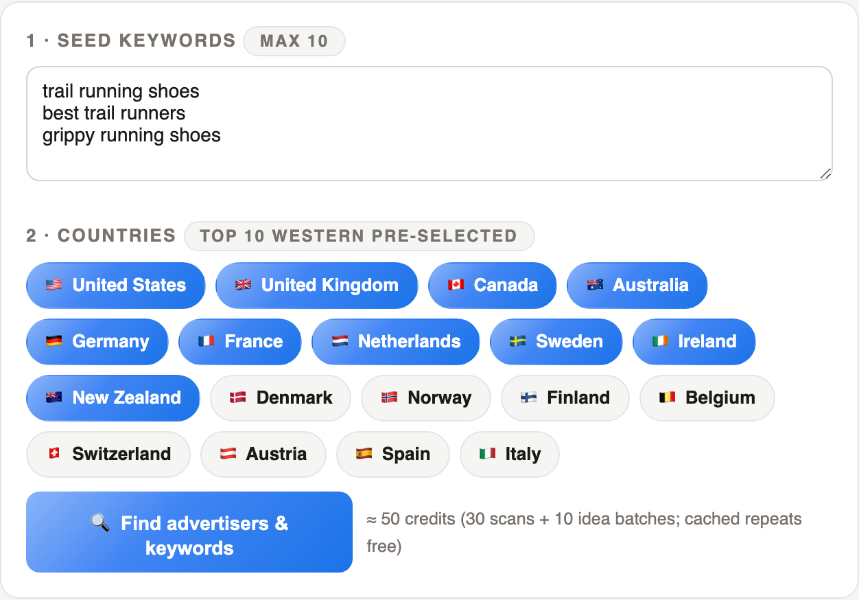 Seed keywords in, advertiser intel out