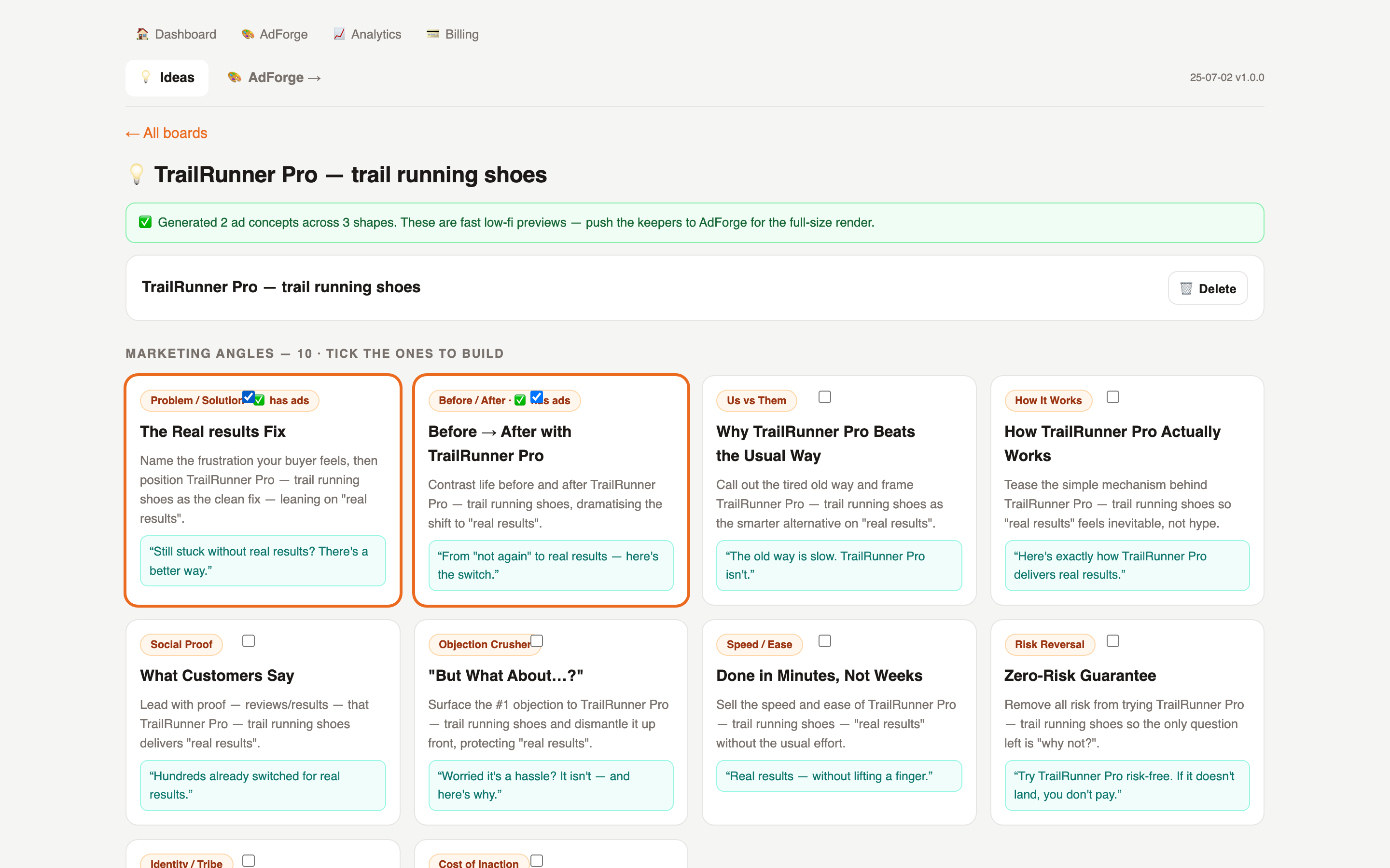 IdeaForge — a live idea board: 10 marketing angles generated from one product URL