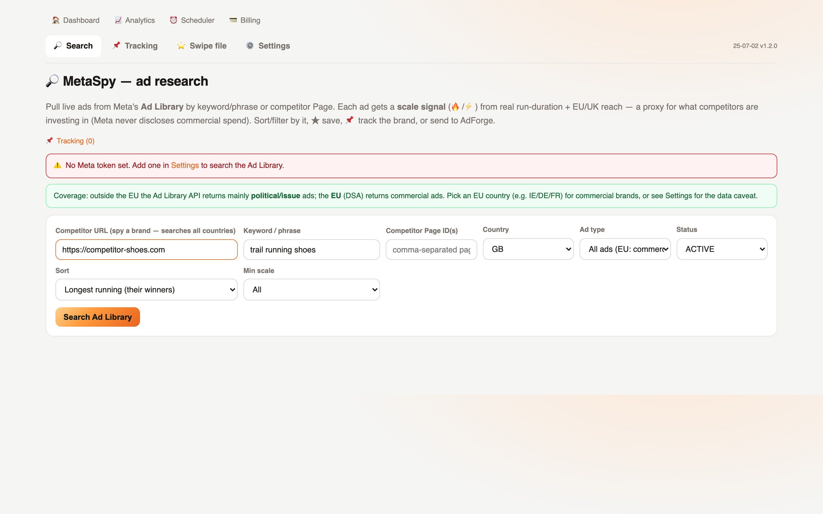 MetaSpy — Competitor ad research & swipe file (real product screenshot)